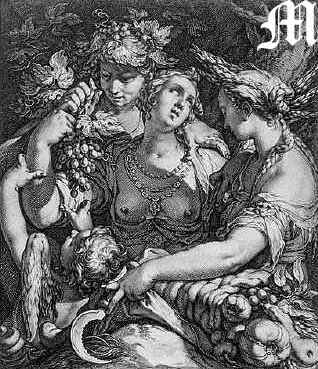Venus ing&aring;r allians med Bacchus och Kore. Gravyr av Jan Saenredam