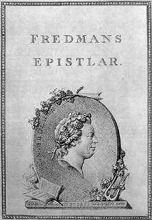 Omslaget till orginalutg&aring;van av Fredmans Epistlar, 1790. Gravyr av J.F. Martin.